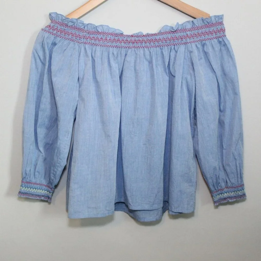 NWT Joie Off-the-Shoulder Floral Embroidered Chambray Top Blue Blouse Size XS - Picture 10 of 12